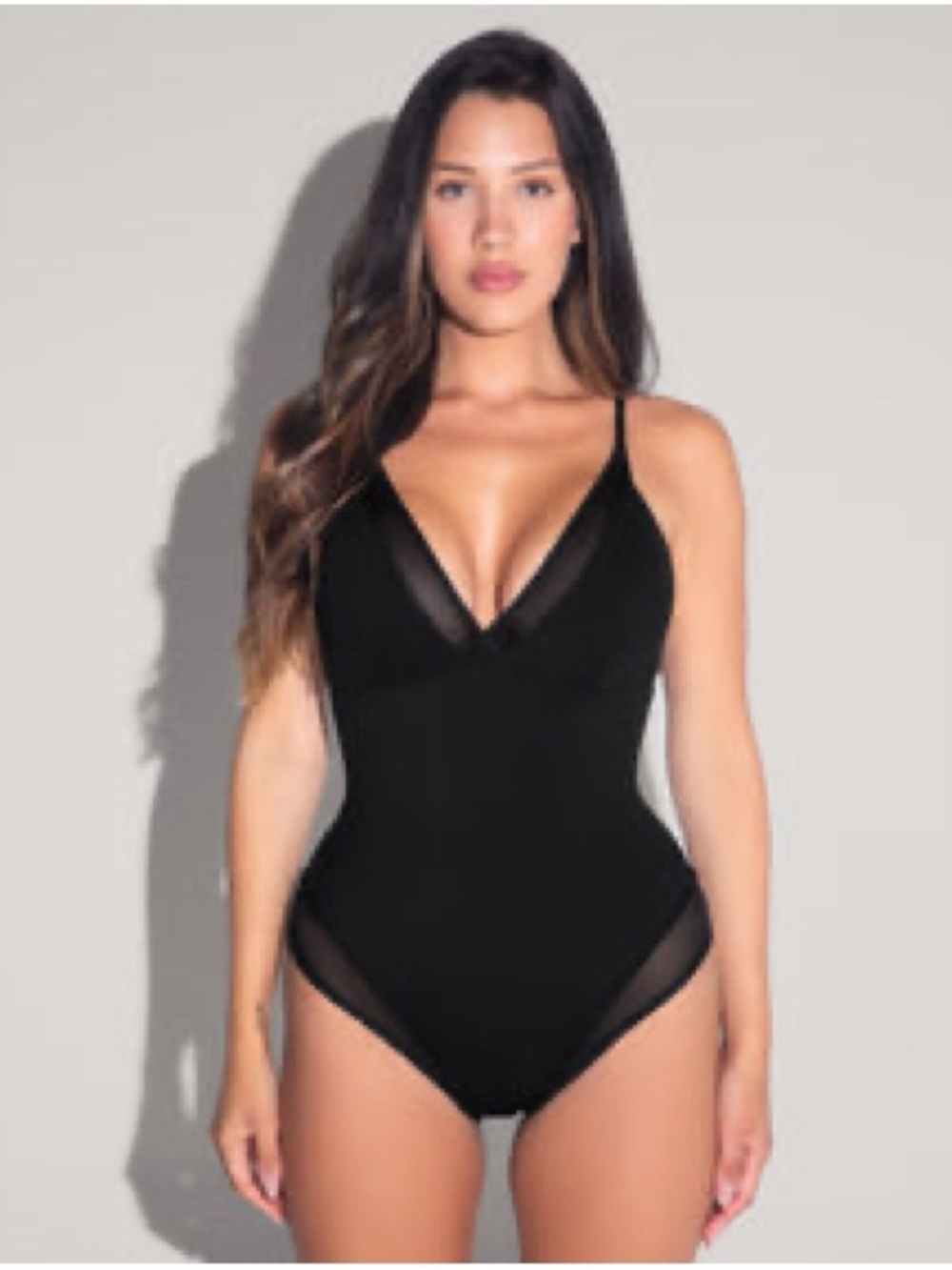 Black V-Neck One-Piece Swimsuit with Sheer Insets